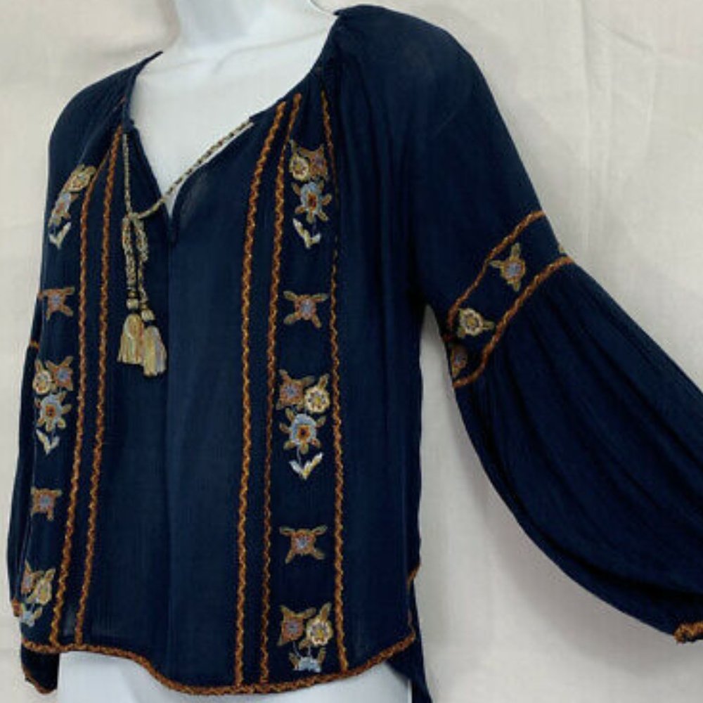 FOREVER 21 Boho Embroidered Peasant Blouse with Tassels, Small - Picture 1 of 5